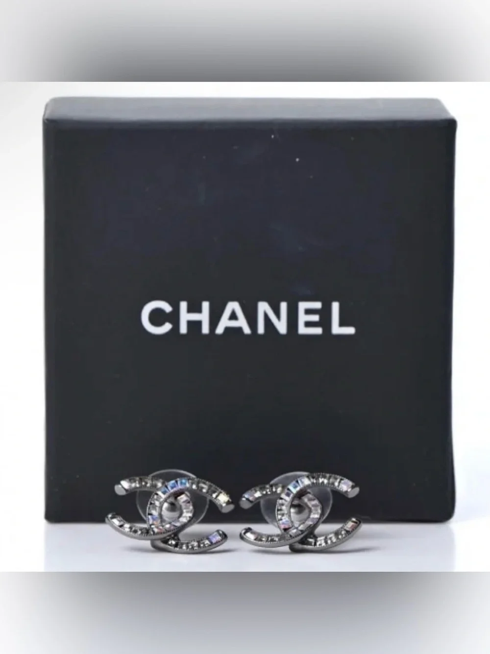 CHANEL Ruthenium Crystal Baguette CC Stud Earrings